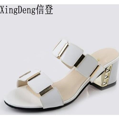 XingDeng Girl Summer Round Toe Sandals Women Gladiator Square Heel Slipper 35-40 Lady Fashion Elegant Opened Toe Slipper