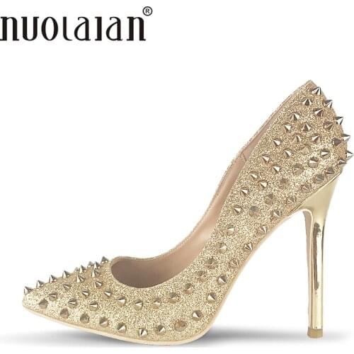 Top Quality Gold Color Women Pumps Pointed Toe Thin High Heels 2017 New Fashion Luxury Rivets Shoes Wedding Bridal Women Shoes