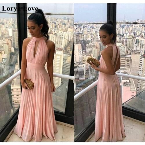 Summer Pink Prom Dresses 2020 Women Party Night Halter Neck Sleeveless Chiffon Long Prom Gowns For Wedding Party Robe De Soiree