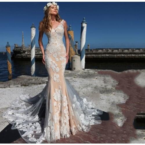 Eightree Mermaid Boho Wedding Dress Champagne Lace Bride Dresses V Neck Elegant Illusion Back Wedding Bridal Gowns 2020 Vestidos