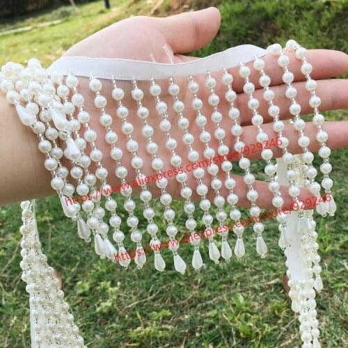 1yard/lot 11cm super long pearl tassel beaded lace for bridal wedding dress decoration hand-sewed pearl lace garment accessory