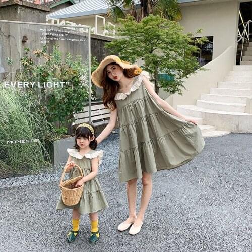 2021 Daughter and Mother Summer Parent-child Clothes Lapel Sleeveless Solid Color Casual Dress Matching Family Outfits