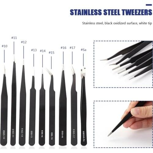 9pcs ESD Curved Fine-Tip Anti-static Tweezers Set Stainless Steel Multifunction Tweezer for DIY Craft Card Making Repairing Tool