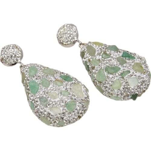 GG Jewelry Big Size Natural Green Chrysoprase Silver Color Crystal Pave Water drop Dangle Lever Back Earrings Trendy For Women