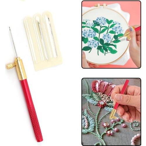 Embroidery Beading Needle Tools Hook with 3 Needles Sequin Beads Crochet Embroidery Beading Hoop Sewing Craft Crochet