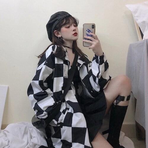 #5602 Summer Plaid Sunscreen Jacket Women Thin Harajuku Casual Streetwear Hip Hop Coat Ladies Windbreaker Ovesize Couple Clothes