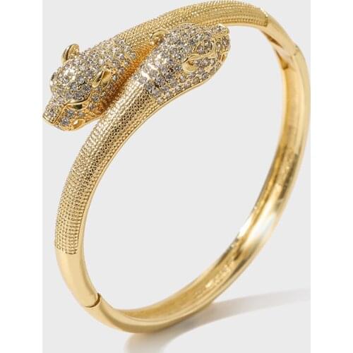 Punk Style Fashion Ladies Gold Color Copper Metal Zircon CZ Cubic Zirconia Double Head Leopard Bangles Bracelets For Women Gift