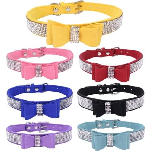 Dog Collar Bling Rhinestone Bow Tie Pet Collars Small Dogs Collar Double Velvet Comfortable Large Dog Collar Medium Dog Collar