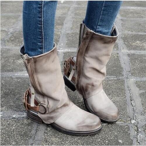 Drop Shipping 2017 Autumn Winter New Fashion Genuine Leather Buckle Zip Retro Mid-Calf Knight Boots Short Boots Big Size 42