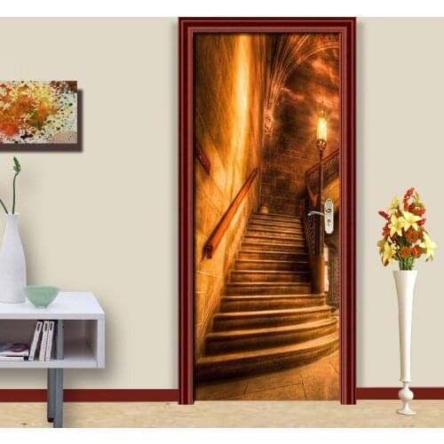 Door Sticker Tools Wallpaper Decoration PVC Self-adhesive Golden Corridor Staircase Photo Mural For Living Room Door Home Decor