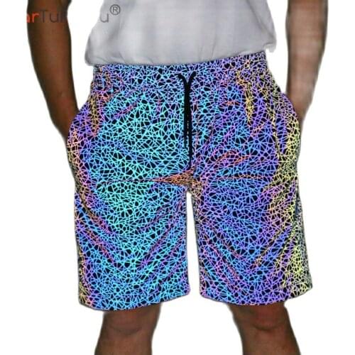 Rainbow Reflective Shorts Pants Men Fluorescent Trousers Casual Night Jogger Outdoor Sport with Pockets Elastic Waist