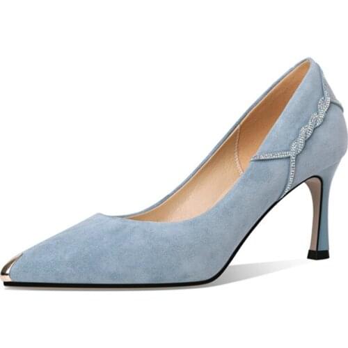 Spring Women Pumps Genuine Leather Pointed Toe women shoes size 34-39 Shallow Crstal Party Shoes Fashionable wild womens shoes