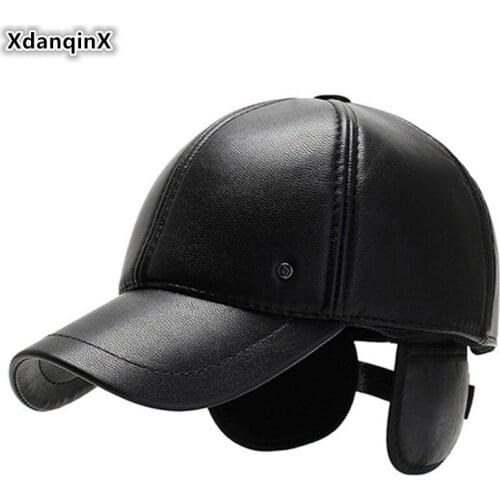 XdanqinX Winter Mens Earmuffs Cap PU Imitation Leather Warm Baseball Caps Snapback Hat Bone Dad Hats Adjustable Size Tongue Cap