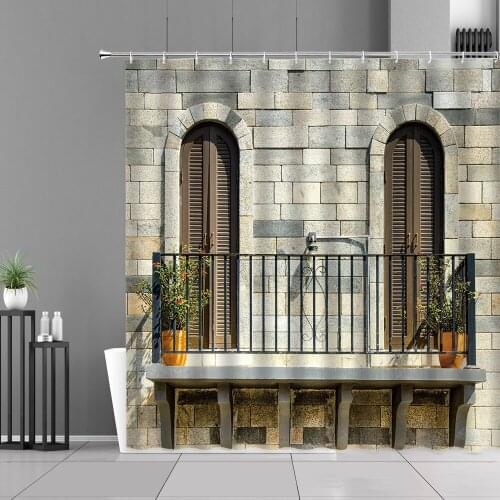 European Style Garden Stone Walls Old Door Shower Curtains Rural Retro Nordic Home Decor Wall Cloth Waterproof Bathroom Curtain