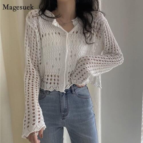 Spring Knitted Hollow Out Blouse Women Slim Fit Long Sleeve Outwear Short tops Round Collar Sexy Femme New Cardigan Sueter 13483