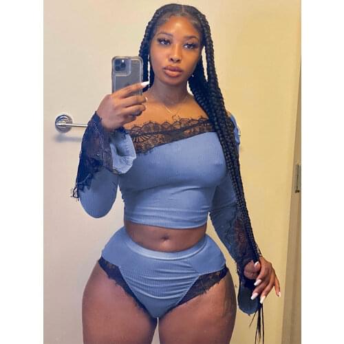 Women Ribbed 2 Piece Set Sexy Off Shoulder Lace Patchwork Long Sleeve Tee Shirts+Skinny Shorts 2021Summer Casual Elegant Outfits