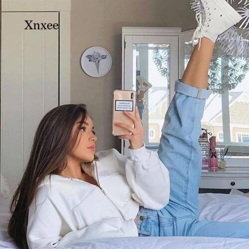 Spring and Autumn Womens Zipper Hoodie Ladies Crop Top Long Sleeve Jacket Solid Pocket Loose Streetwear Jacket Casual