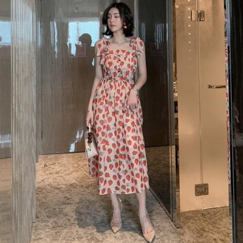 New arrival fashion summer midi beach dress women OL elegant sweet sexy strap strawberry print chiffon laceup slim holiday dress