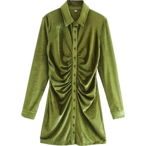 2021 New Women Chic Fashion Pleated Velvet Mini Dress Vintage Long Sleeve Button-up Female Dresses Vestidos Mujer