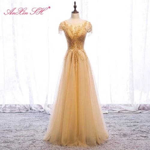 AnXin SH princess golden lace evening dress vintage party o neck short sleeve beading crystal a line bride evening dress