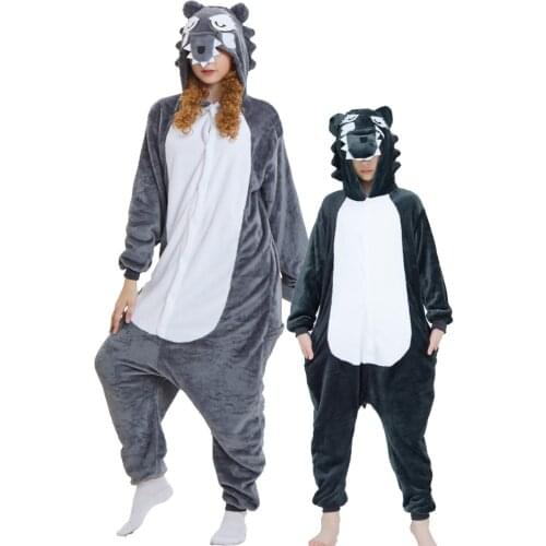 Girls Boys Winter Long Sleeve Pajamas Wolf Cartoon Anime Animal Onesies Kids Sleepwear Flannel Warm Jumpsuit Children Pajamas