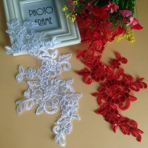 2 Pieces Wedding Dresses Lace Applique Accessories Material DIY Patch Embroidery Motif White Red Sequin Fabric