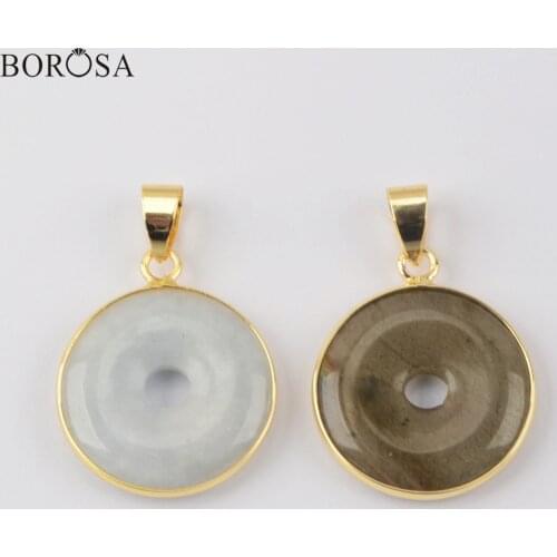 BOROSA 5/10Pcs Gold Round Labradorite Necklace Pendant Women 21mm Circle Retro Natural Stone Charms for Jewelry Making WX1522
