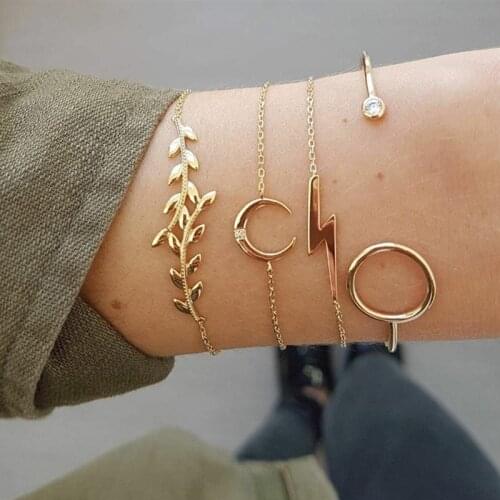 HOCOLE 4 Pcs/Set Fashion Gold Chain Bracelet Sets For Women Bohemian Circle Moon Leaf Open Cuff Bangles Bracelets Charm Jewelry