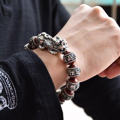 999 Sterling Silver Retro Six-word Mantra Beaded Bracelet for Men Women 12 Beads Rosewood Pixiu Bracelet Heart Silver Jewelry