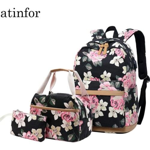 Atinfor Brand 3pcs/Set Floral School Backpacks for Teen Girls School Bags Lightweight Canvas Backpack Travel Bookbags Set