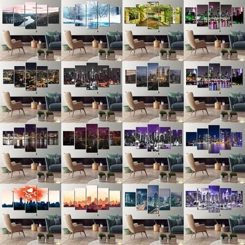 City Night Natural Scenery 5Pieces Poster Home Decoration HD Printing Canvas Painting Decor for Living Room Hotel Hall Bedroom