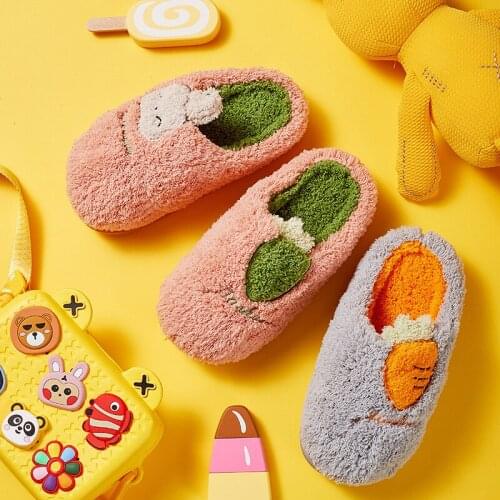 Baby Girls Cotton Slippers Winter Childrens Cute Rabbit Carrot Plush Slippers Boys Home Indoor Shoes Furry Kids Slippers