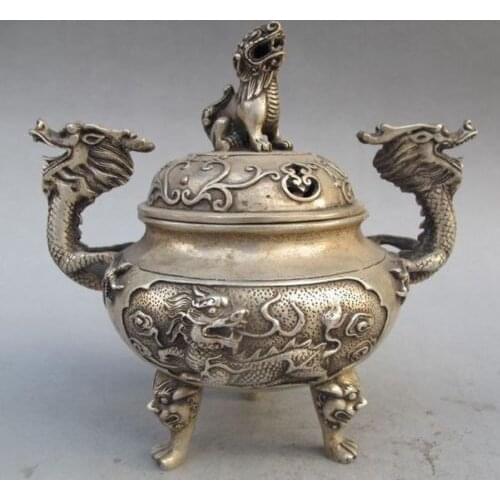 Exquisite Chinese White Copper Dragon Incense Burner & Lion Lid with Ming Dynasty Xuan De Mark