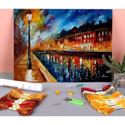 Oil Painting Style Harbor Printed 11CT Cross Stitch Embroidery Patterns DMC Threads Handicraft Painting Handiwork Stamped