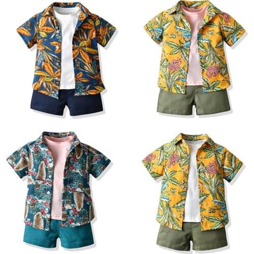 Boys Clothing Set Summer Fashion Floral Short Sleeve Tshirt Top+Shorts Boys Casual Clothes Holiday Outfits Gentleman 3Pcs Suit