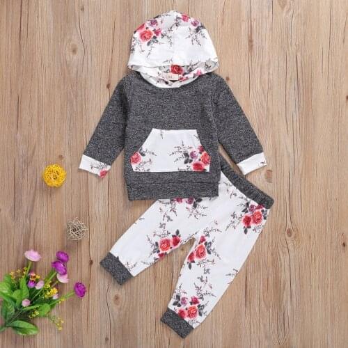 Toddlers Clothes Set Little Boys Girls Floral/Camouflage Printing Long Sleeve Pocket Decoration Hooded Top + Long Trousers Kit