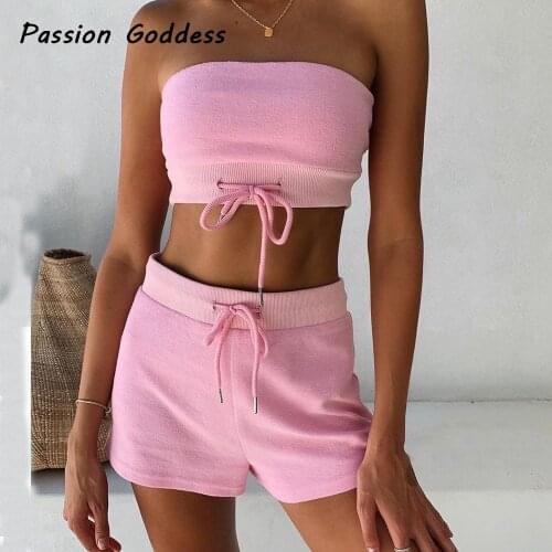 Fashion Women 2 Piece Drawstring Bandage Tube Tops Loose Shorts Set Lounge Wear Pink Outfits Joggers Solid Color Two Piece Sets