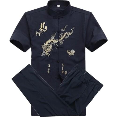 Chinese Style Men Embroidery Dragon Kung Fu Suit Wu Shu Uniform Tai Chi Clothing Short Sleeve Shirt+Pant M L XL XXL XXXL