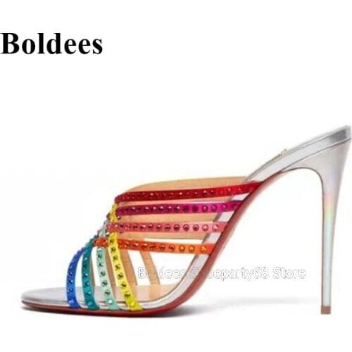 Beautiful Colorful Crystal Cross Narrow Band Thin High Heel Sandals Women Sexy Open Toe Stiletto Heeled Rivet Slippers Mule