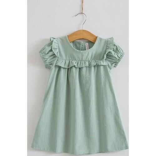 Summer Casual Light Green Girls dress Puff Sleeve Party Evening Dress Quality Linen Kids Dress Kids Clothing Childrens Costume