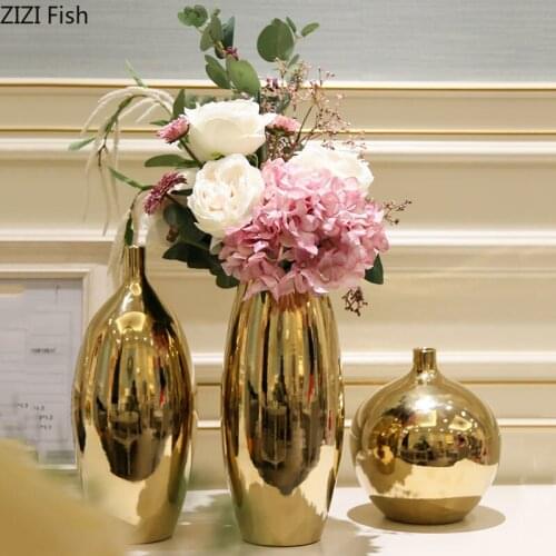 Minimalist Golden Ceramic Vases Floral Plant Pots Decorative Gilded Porcelain Flower Arrangement Vase Home Decoration Modern
