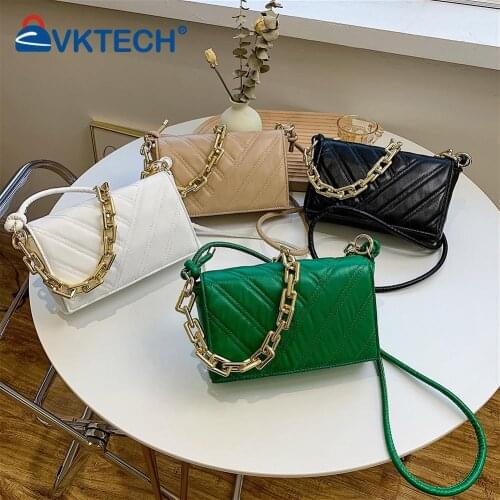 Fashion Women Lattice Pattern Solid Color PU Leather Shoulder Messenger Bag Casual Ladies Thick Chain Small Flap Purse Handbags