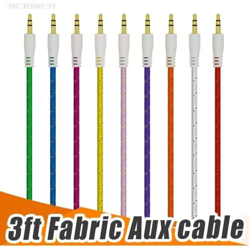 Braided Woven AUX 3.5mm Audio Car Extention Cable Wire Auxiliary Stereo Jack Male 1m 3ft Lead for Iphone Mobile Phone 100pcs