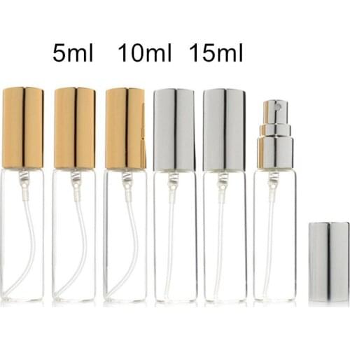 20pcs/lot 5ML 10ML 15ML Transparent Thin Glass Spray Bottle Sample Glass Vials Portable Mini Perfume Atomizer Gold Silver Cap