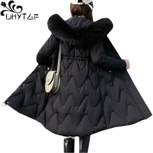 UHYTGF New quality down jacket winter coat parkas mujer Fur collar hooded Windproof Warm cotton jacket plus size tops womens 319