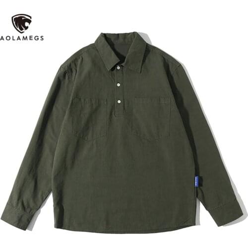 Aolamegs Mens Shirts Solid Japanese Cargo Vintage Shirts For Men All-match Loose Harajuku Streetwear Couple Long Sleeve Clothes