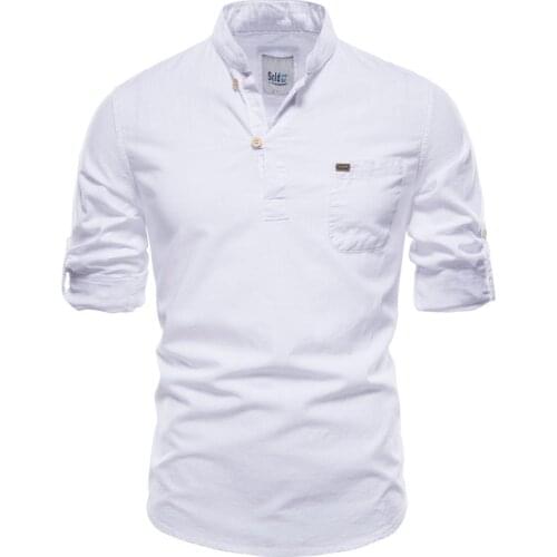 Mens Casual Cotton Linen Shirt Plain White Long Sleeve Blouse Top Shirt Comfortable Handsome Men Linen Henley Shirt EUR Size