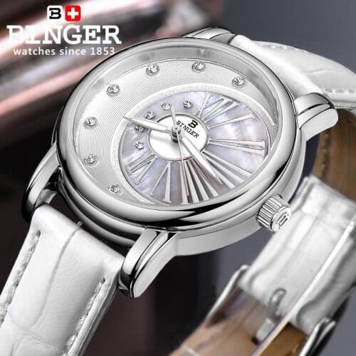 Switzerland Binger Womens watches diamond luxury Brand Female clock leather strap quartz waterproof Women Wristwatches B1137