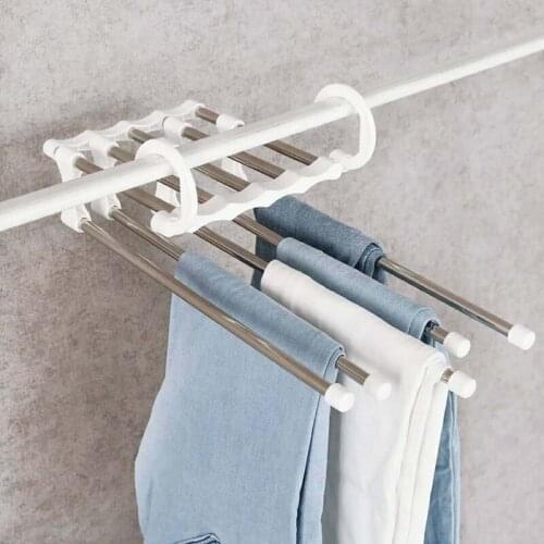 5 in 1 Folding Trouser Storage Rack Adjustable Pants Tie Storage Shelf Closet Organizer Stainless Steel Clothes Hanger