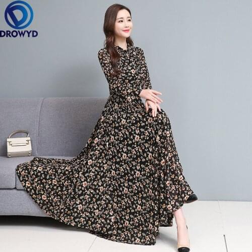 2021 Spring Autumn New Arrival High Quality Plus Size M-4XL Stand Collar Flower Printed Long Sleeve Women Chiffon Long Dresses